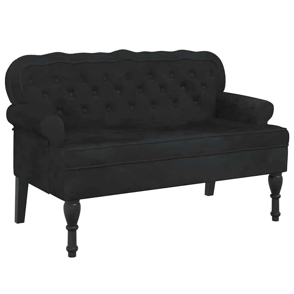 Bench with Backrest Black Velvet Padded Seat Wave-Shaped Back Armrests Home
