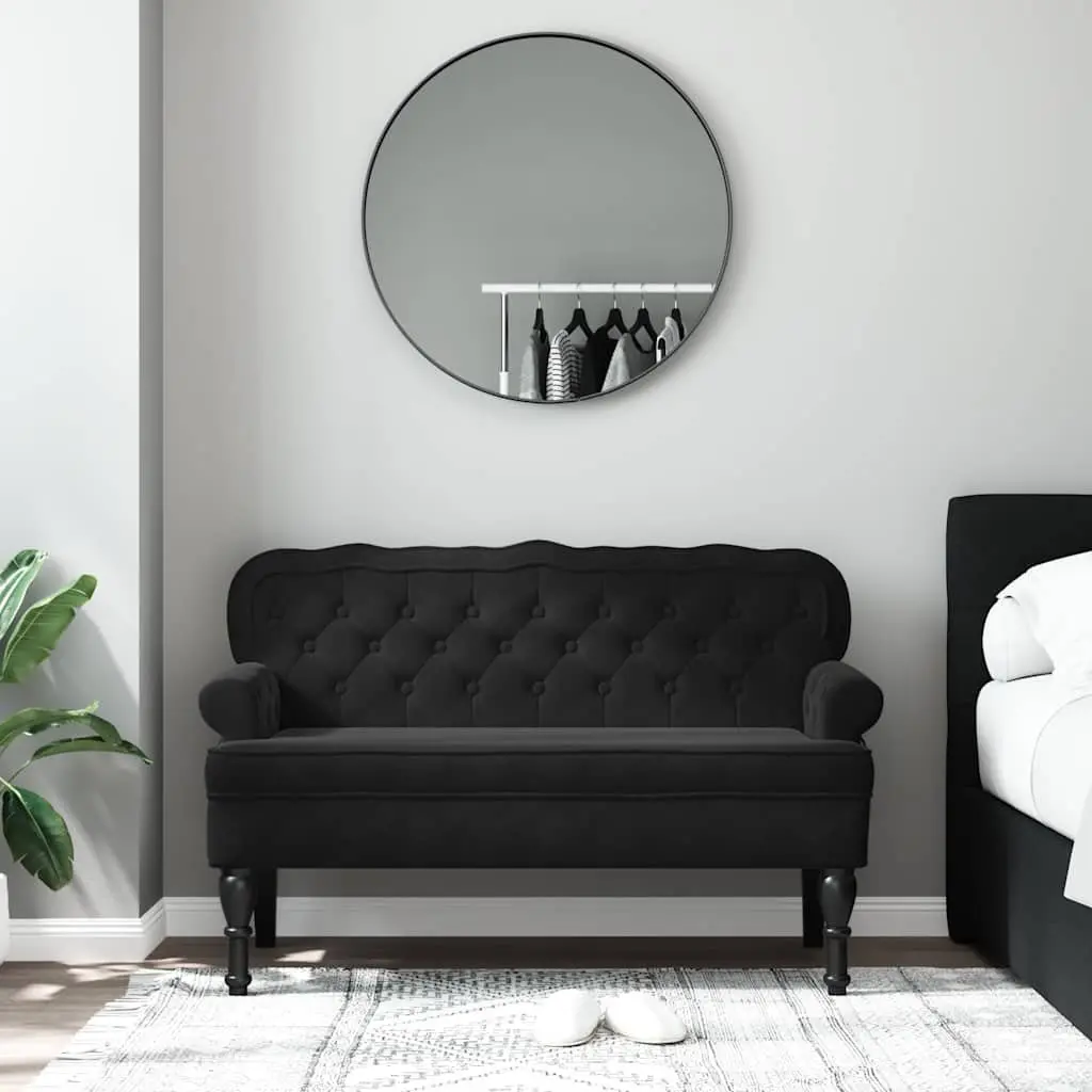 Bench with Backrest Black Velvet Padded Seat Wave-Shaped Back Armrests Home