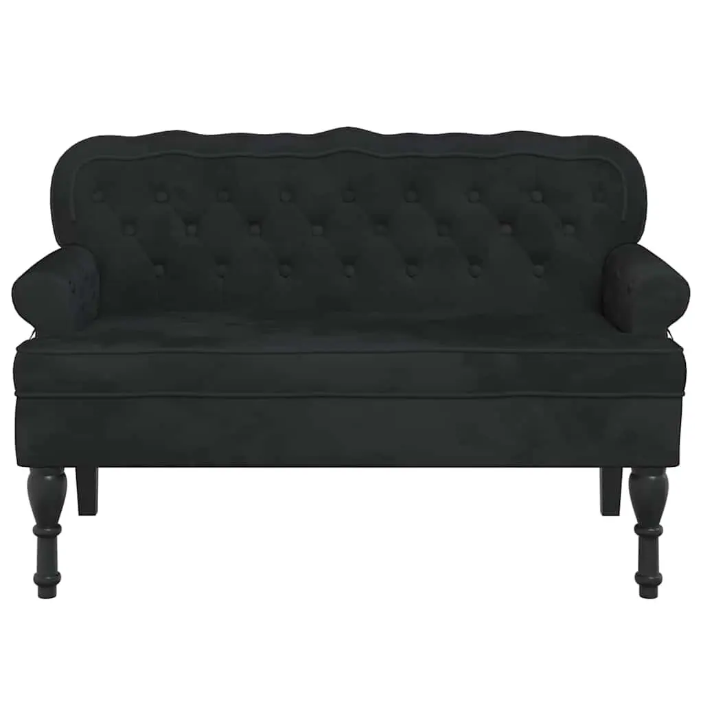 Bench with Backrest Black Velvet Padded Seat Wave-Shaped Back Armrests Home