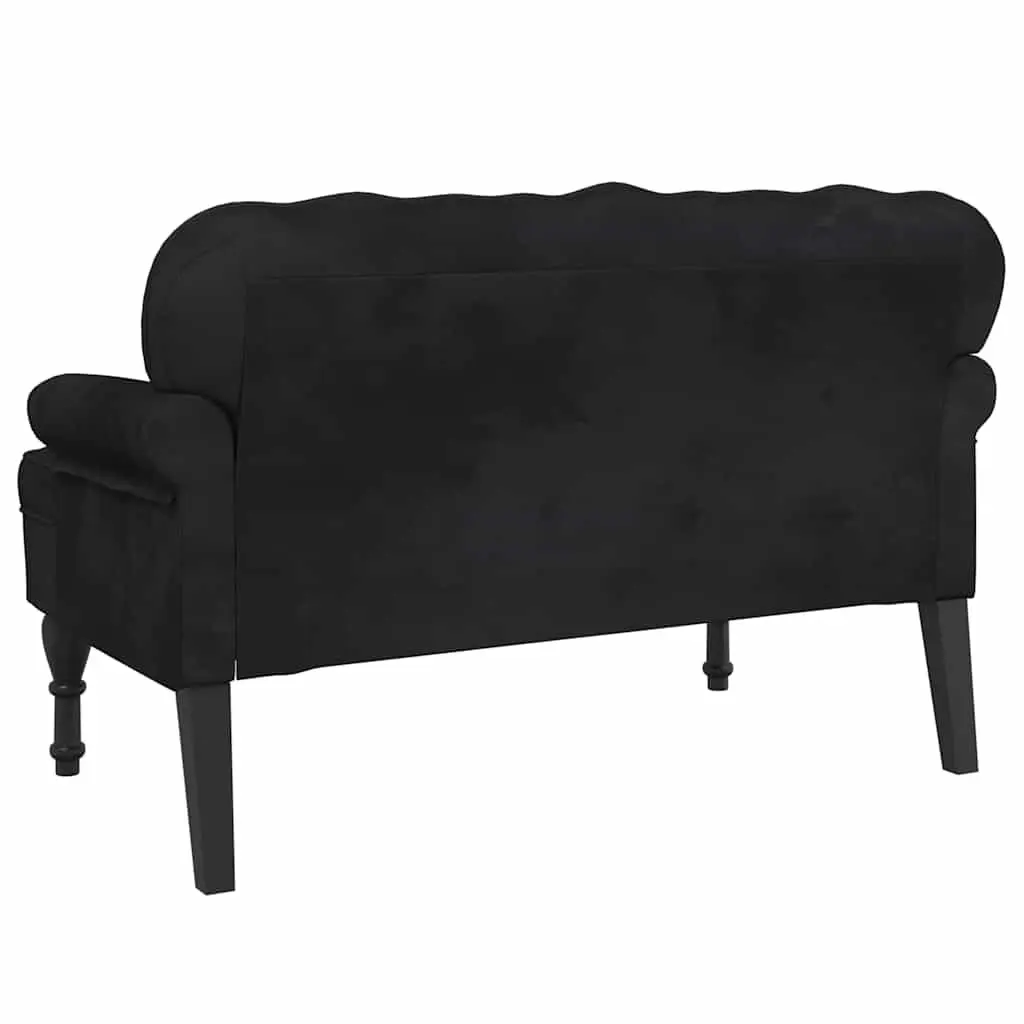 Bench with Backrest Black Velvet Padded Seat Wave-Shaped Back Armrests Home