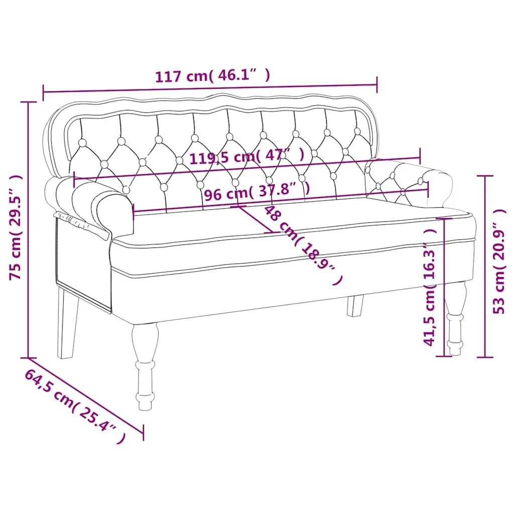 Bench with Backrest Black Velvet Padded Seat Wave-Shaped Back Armrests Home