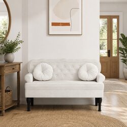 Elegant Cream Velvet Bench with Backrest and Armrests