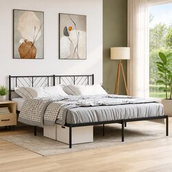 Sturdy King Size Metal Bed Frame with Black Headboard