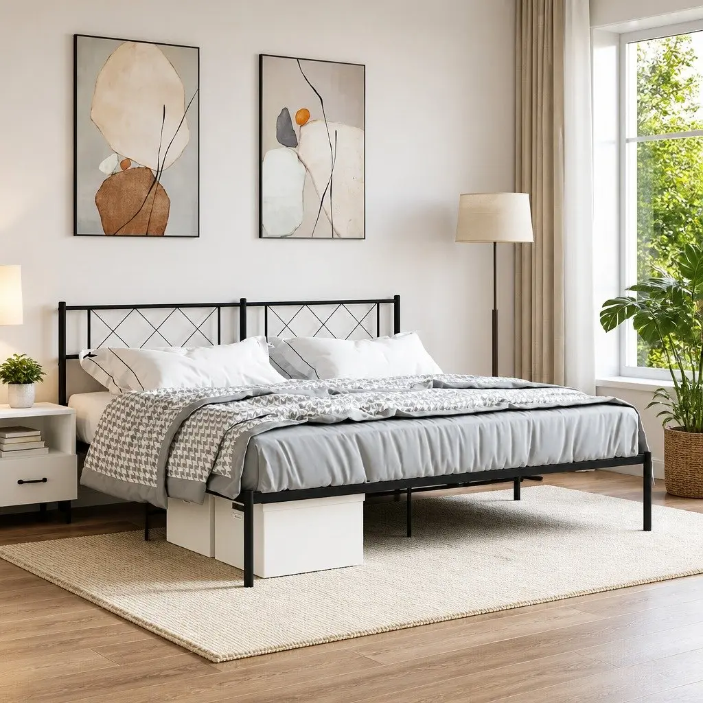 Black Metal Bed Frame with Headboard for King Size