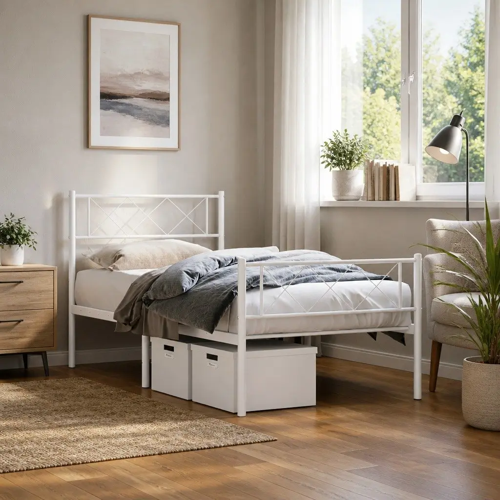 Metal Bed Frame Powder-coated Steel 107x203 cm White with Footboard Slatted Base