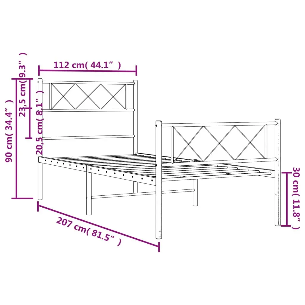 Metal Bed Frame Powder-coated Steel 107x203 cm White with Footboard Slatted Base