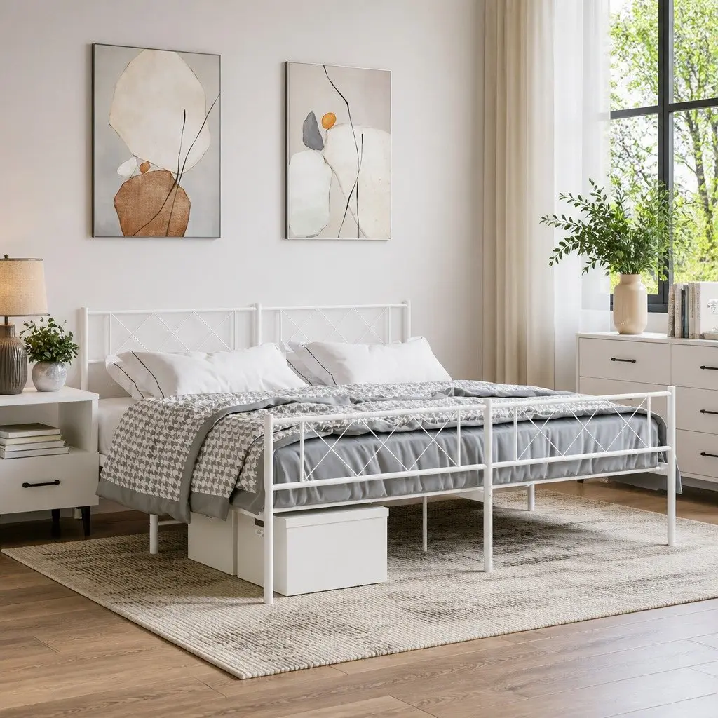 White King Metal Bed Frame 183x203cm with Headboard