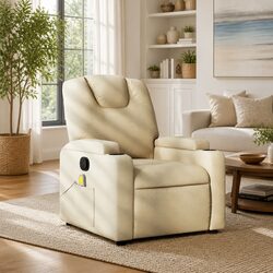 Premium Massage Recliner Chair Cream Fabric Vibration Armchair