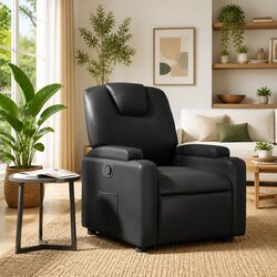 Manual Reclining Black Faux Leather Armchair with Cup Holders