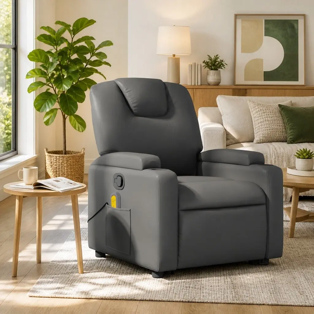 Massage Recliner Chair Faux Leather Grey Manual Reclining Armchair