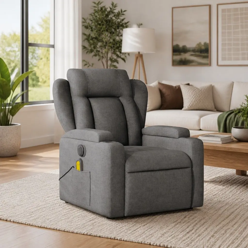 Massage Recliner Chair Fabric Grey Manual Recline Vibration 6 Points Armchair