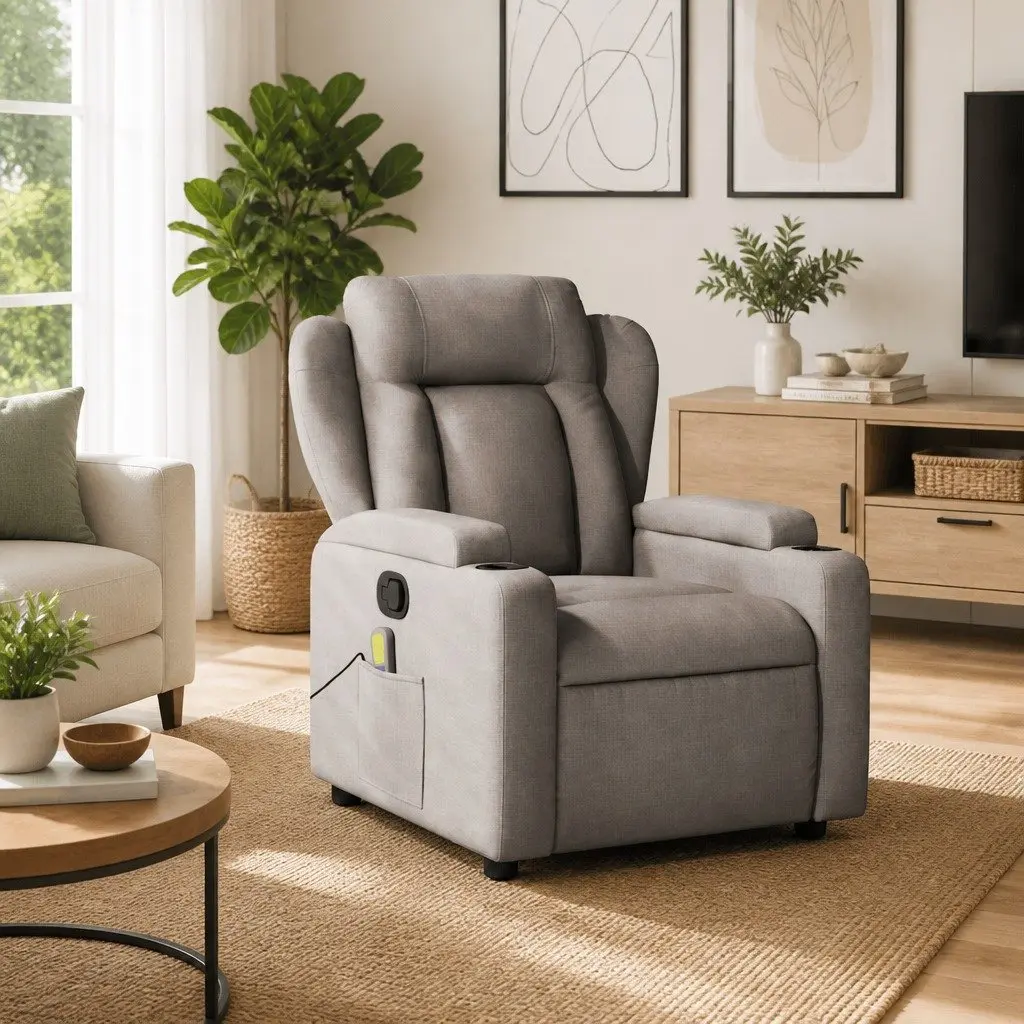 Massage Recliner Chair Fabric Taupe Manual Recline 135 Degrees Vibration Relaxation Furniture