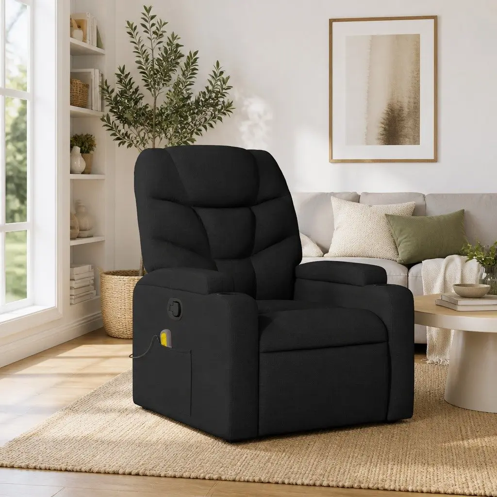 Manual Reclining Massage Chair Black Fabric Vibration Function Adjustable Footrest 135 Degrees