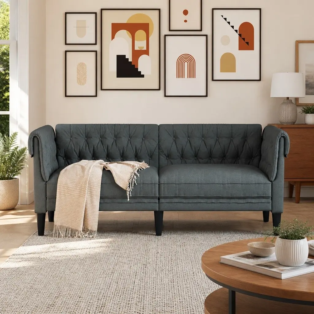 Grey Fabric Chesterfield Sofa for Living Room