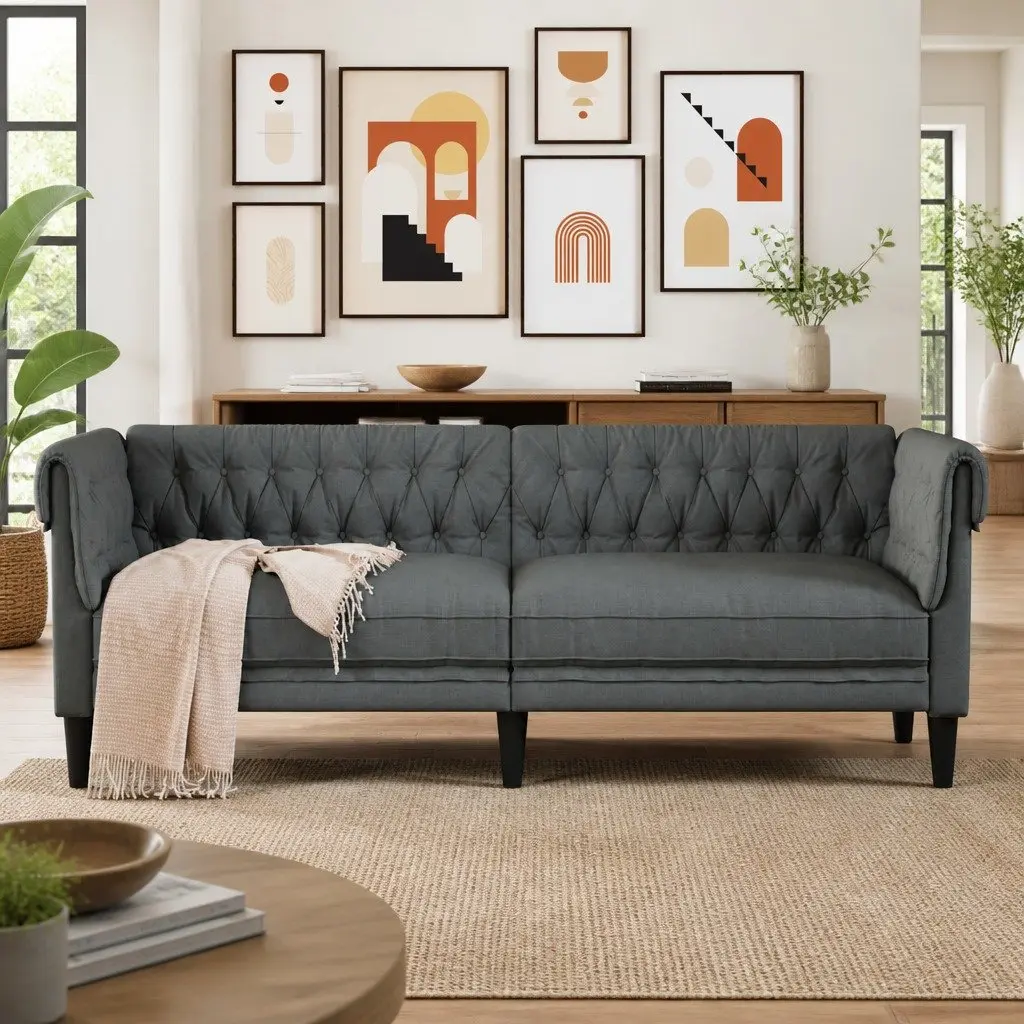 3-Seater Chesterfield Sofa in Grey Fabric