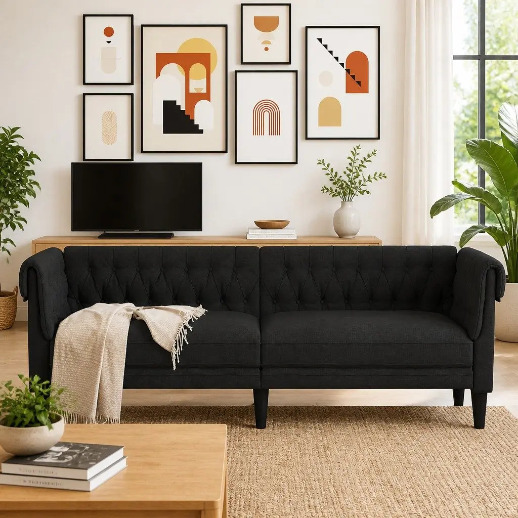 3-Seater Sofa Fabric Black Chesterfield Rolled Arm Deep Backrest