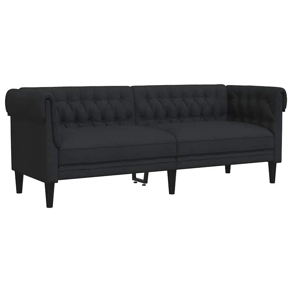 3-Seater Sofa Fabric Black Chesterfield Rolled Arm Deep Backrest