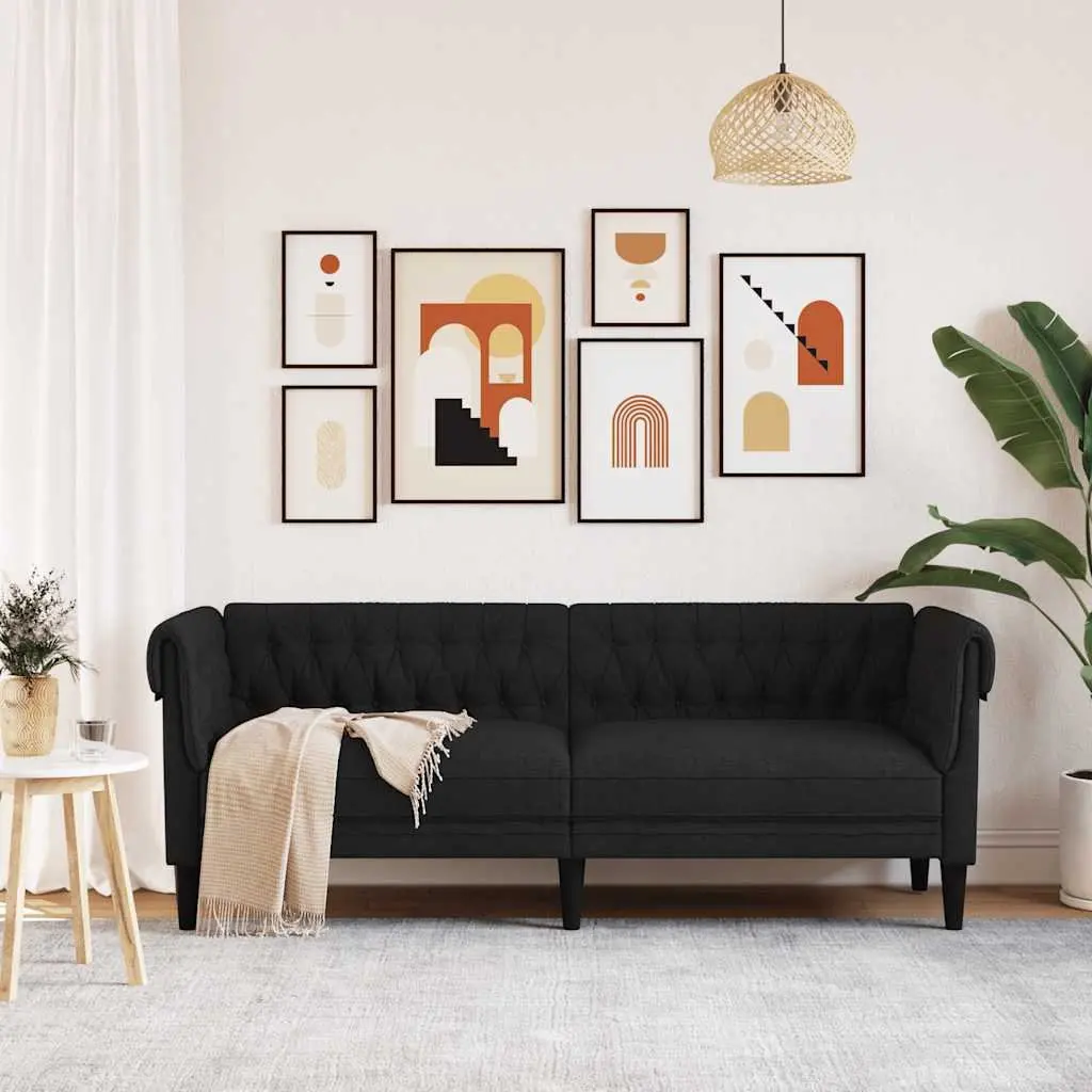 3-Seater Sofa Fabric Black Chesterfield Rolled Arm Deep Backrest
