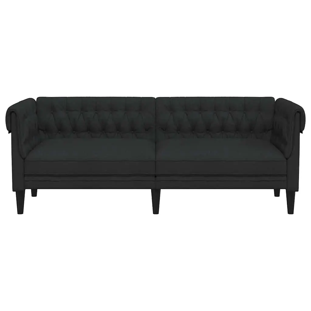 3-Seater Sofa Fabric Black Chesterfield Rolled Arm Deep Backrest