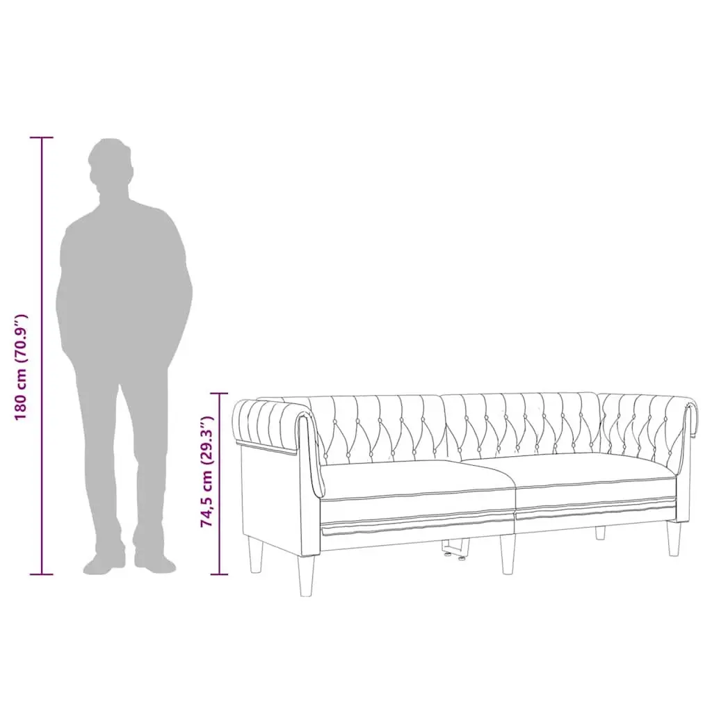 3-Seater Sofa Fabric Black Chesterfield Rolled Arm Deep Backrest