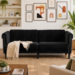 Modern Black Velvet 2-Seater Sofa with Padded Armrests