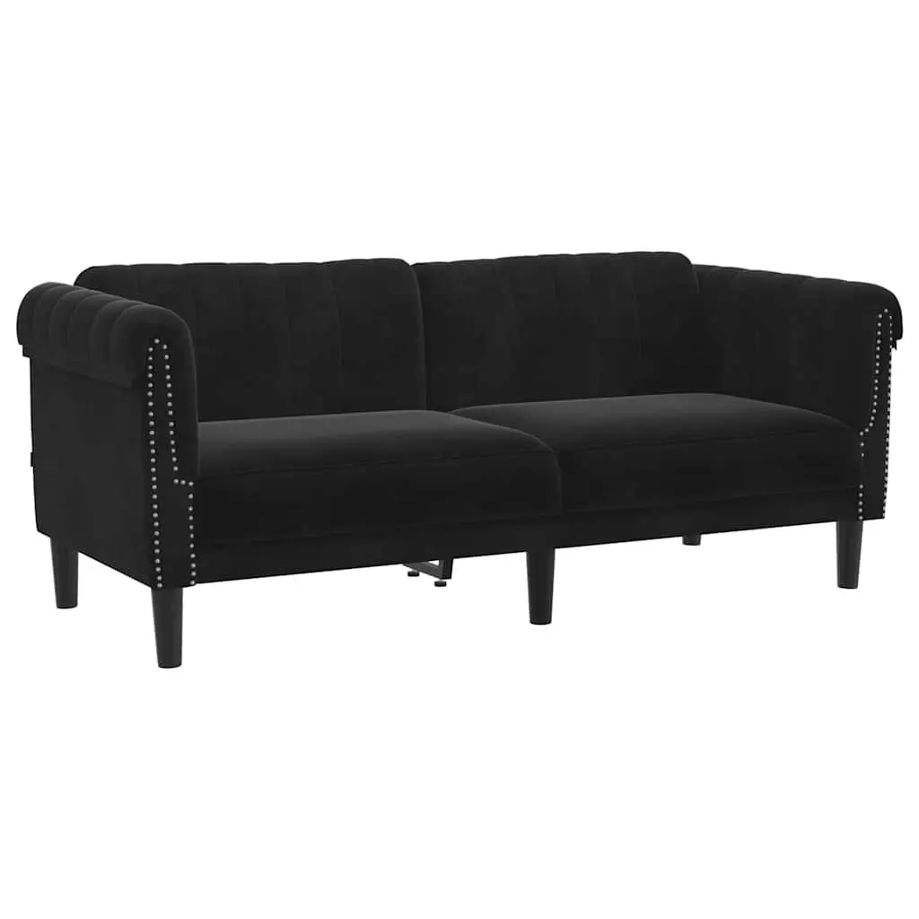 Black Velvet 2-Seater Sofa with Padded Armrests