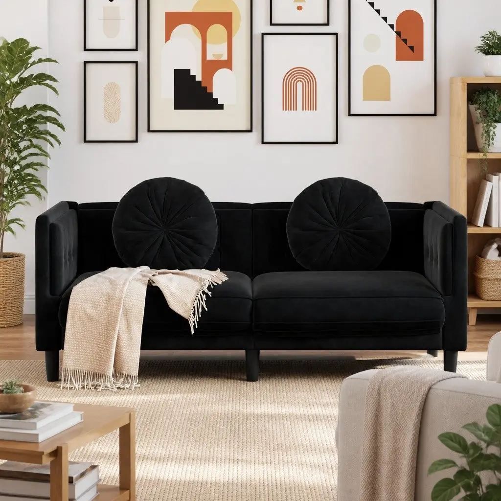 Black Velvet 2-Seater Sofa for Comfort