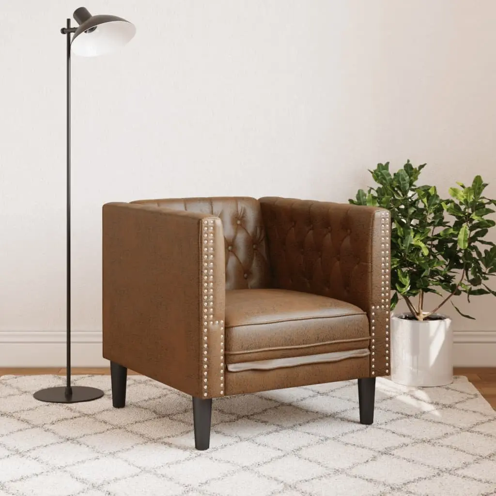 Chesterfield Sofa Chair Faux Suede Leather Brown Button Tufted Armchair