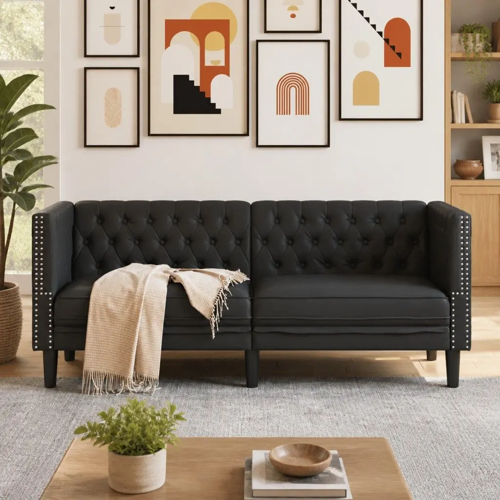 2-Seater Sofa Faux Leather Black Chesterfield Button Tufted