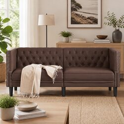 Stylish 2-Seater Chesterfield Sofa in Brown Faux Leather