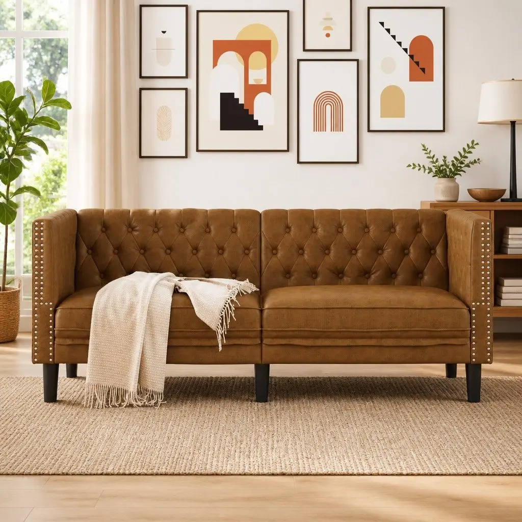 Brown Faux Suede Chesterfield Sofa for Two