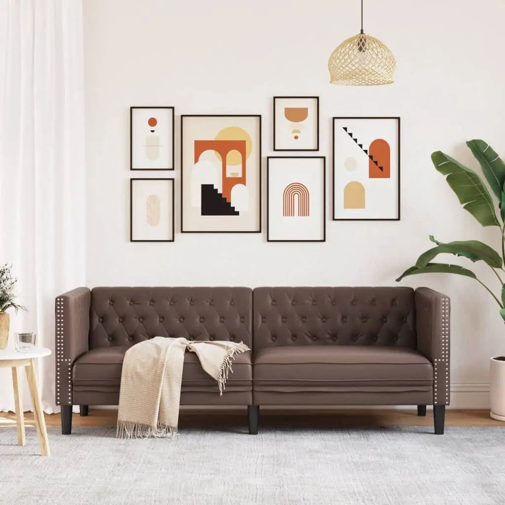 3-Seater Sofa Faux Leather Brown Chesterfield Button Tufted