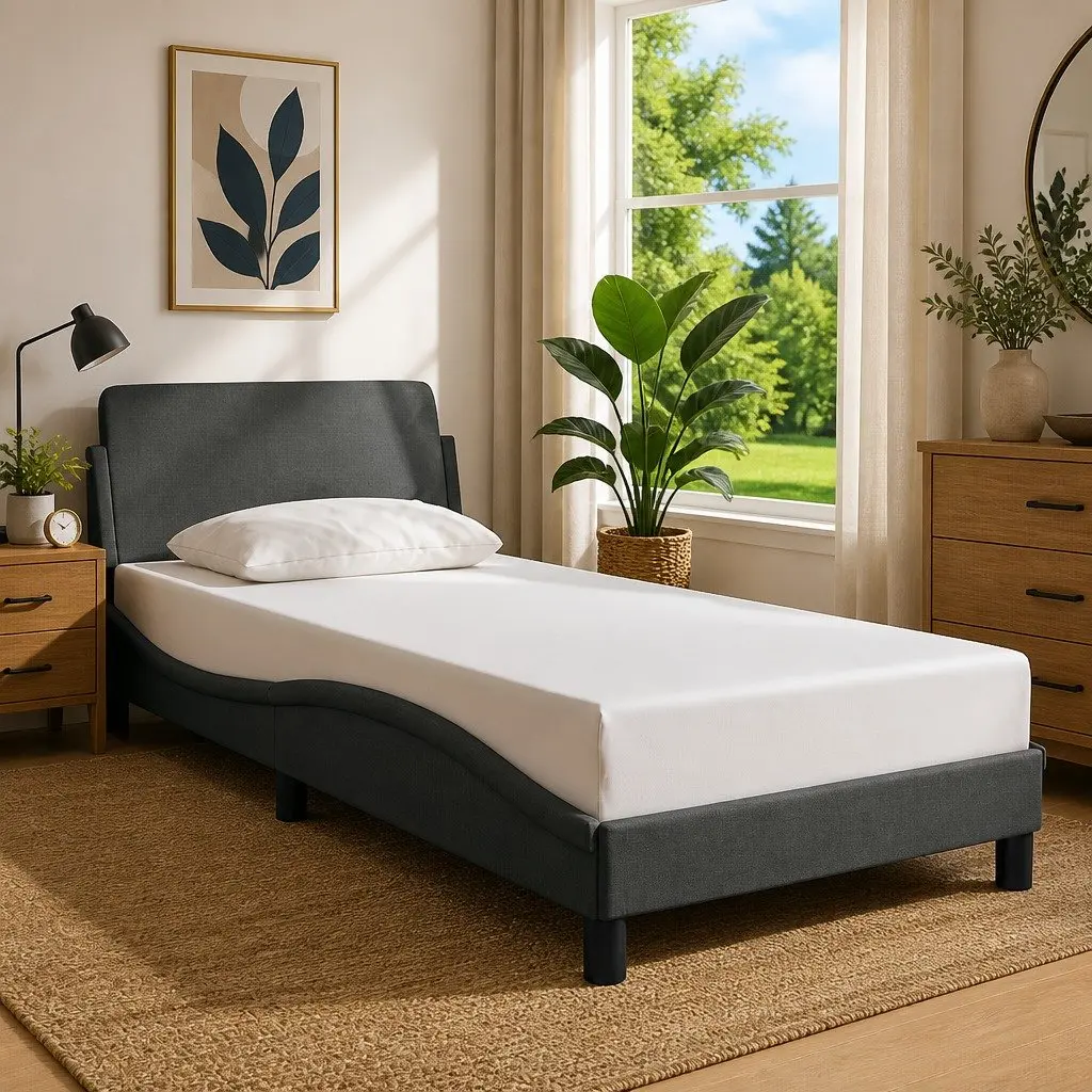 Grey Bed Frame 90x190 cm with Fabric Headboard