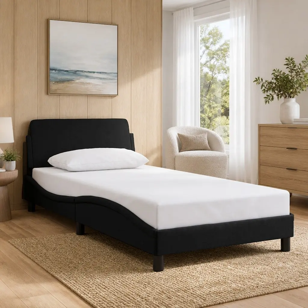 Black Velvet King Single Bed Frame with Modern Headboard