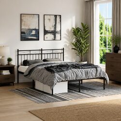 Durable Black Metal Bed Frame with Headboard 135x190 cm