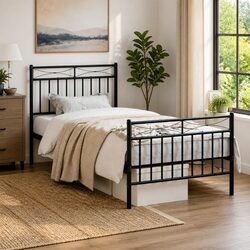 Sturdy Black Metal Bed Frame 90x190 cm with Footboard