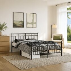 Durable Black Metal Bed Frame 135x190 cm with Footboard