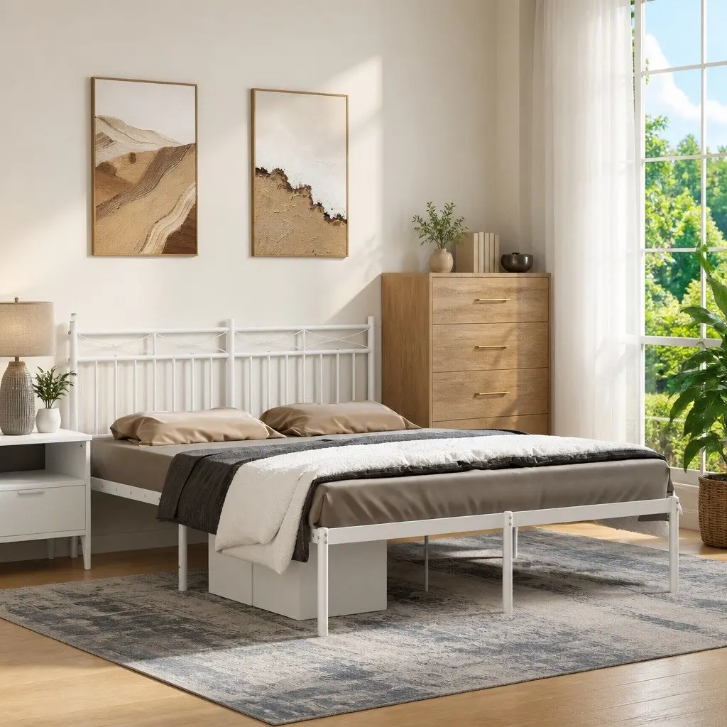 White Metal Bed Frame 135x190 cm with Headboard