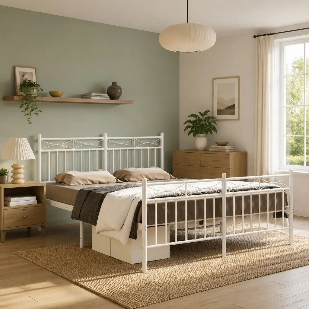 Metal Bed Frame Steel 135x190 cm White with Footboard Headboard