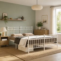 Durable White Steel Metal Bed Frame 135x190 cm