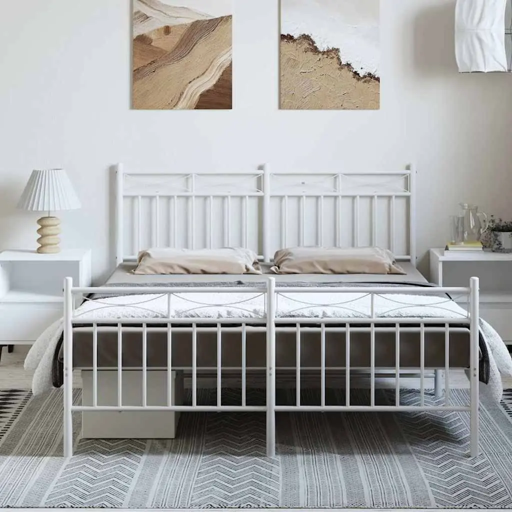 Metal Bed Frame Steel 135x190 cm White with Footboard Headboard