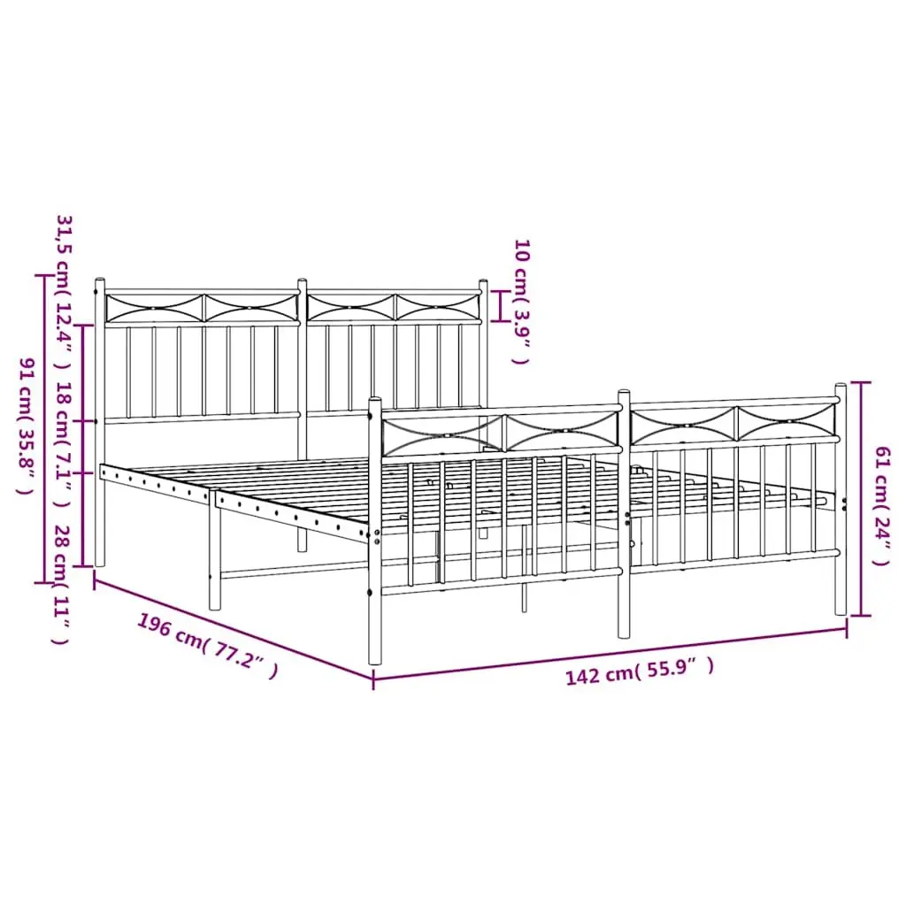 Metal Bed Frame Steel 135x190 cm White with Footboard Headboard