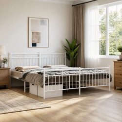 Durable King Size Metal Bed Frame with Footboard in White