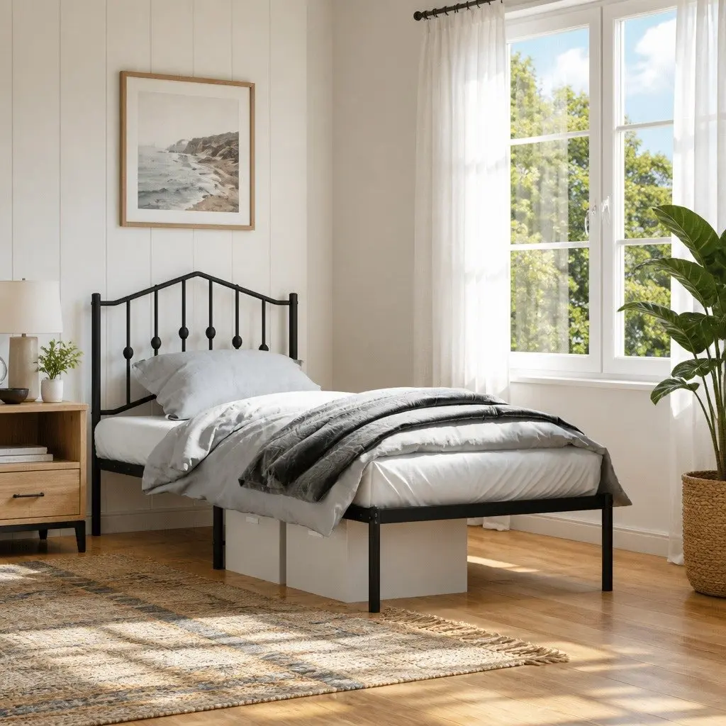 Metal Bed Frame 90x190 cm Black Bedroom Furniture with Headboard Storage Space