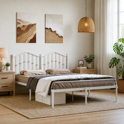 Metal Bed Frame with Headboard White 135x190 cm Slatted Base Support