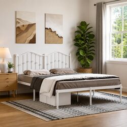 Sturdy White Metal Bed Frame with Elegant Headboard