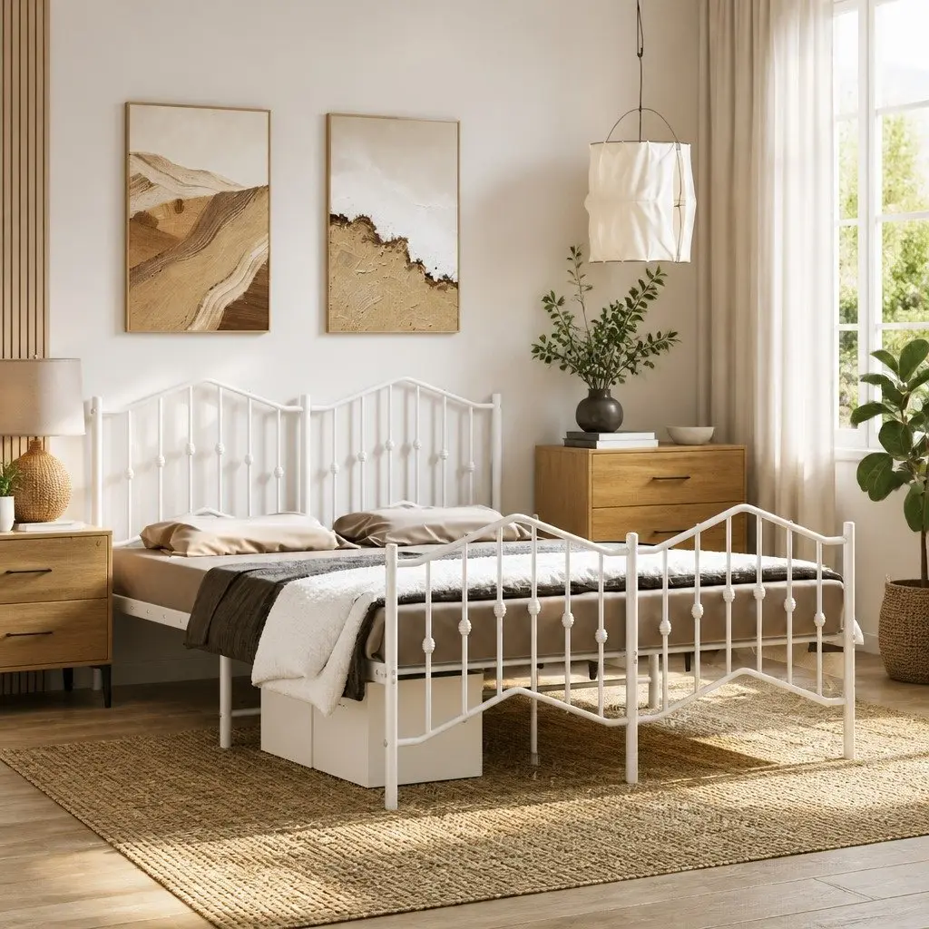White Metal Bed Frame 135x190 cm with Storage