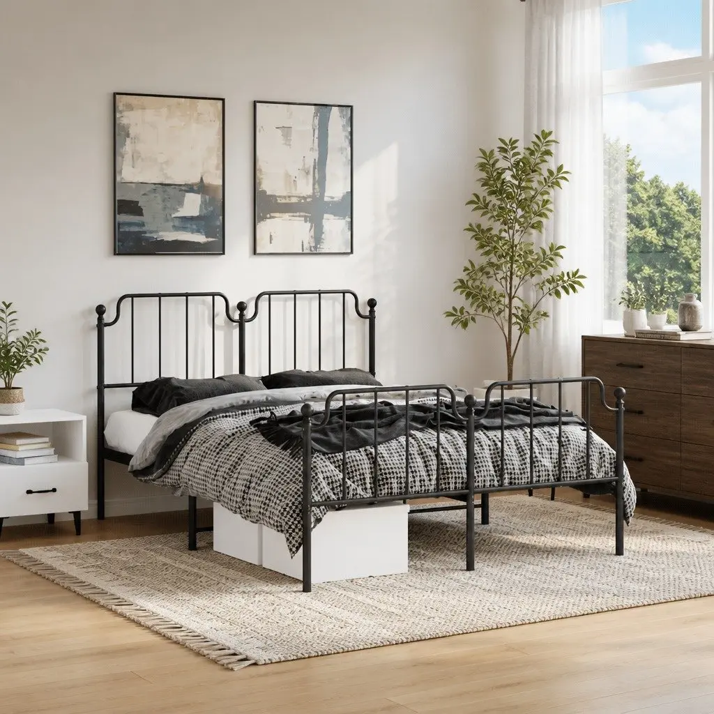 Black Metal Bed Frame 135x190 cm with Headboard