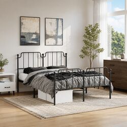 Sturdy Black Metal Bed Frame 135x190 cm with Headboard