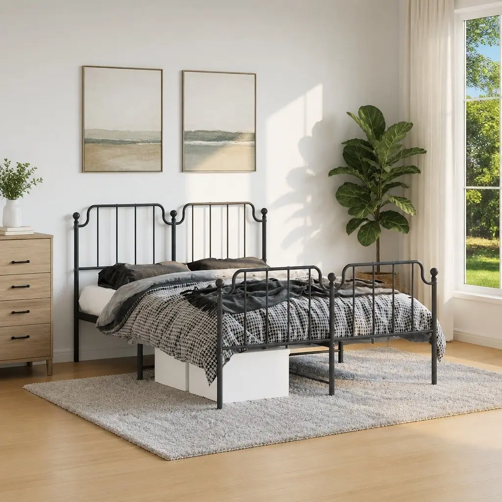 Black Metal Bed Frame with Footboard & Headboard